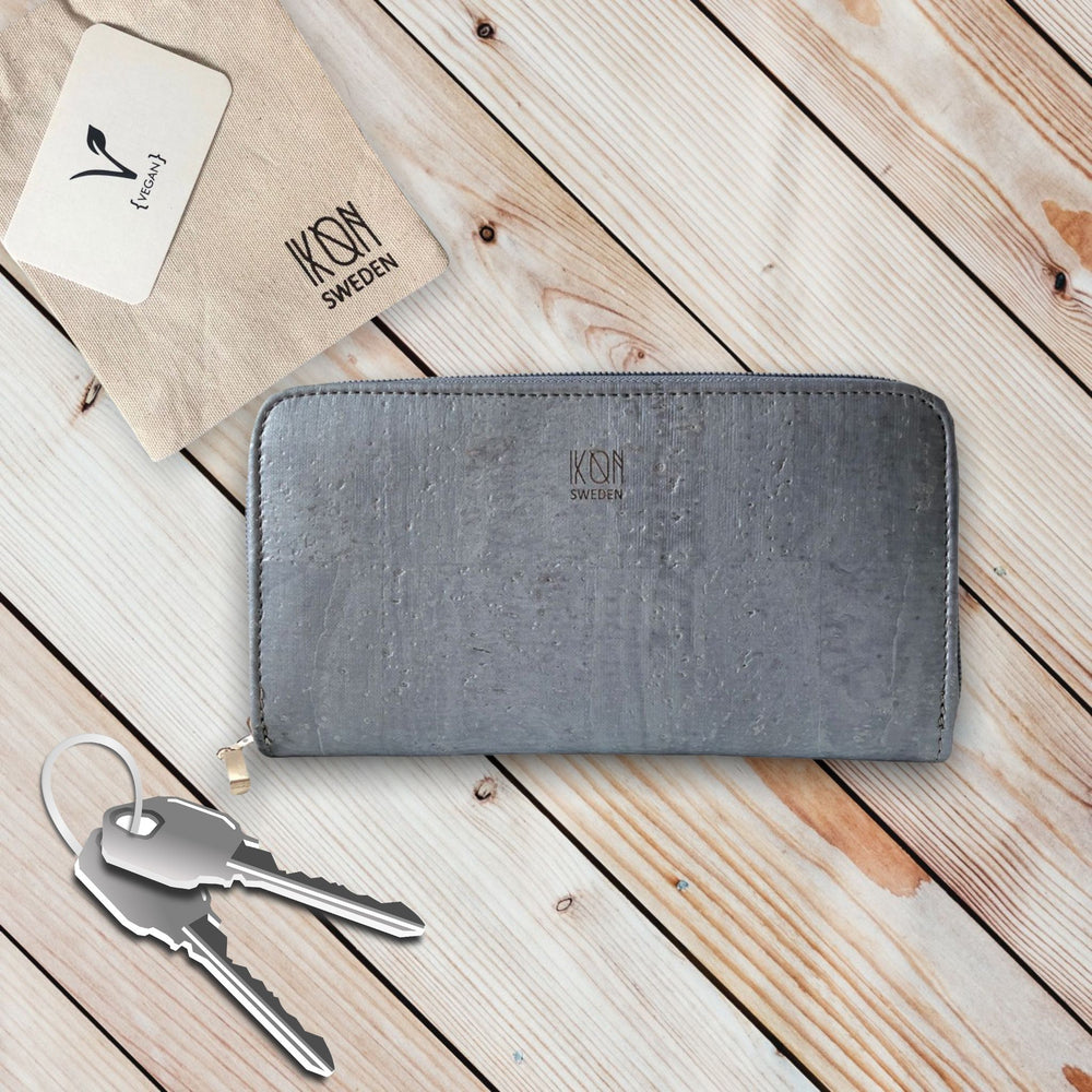 Cork Leather Vegan Zip Wallet for Women - Metallic Grey